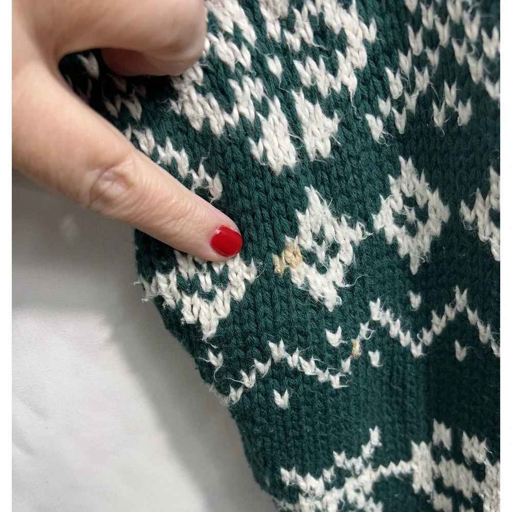 VTG EDDIE BAUER Fair Isle Sweater Green‎ XL Made in UK Cotton Crew Neck - Picture 2 of 9